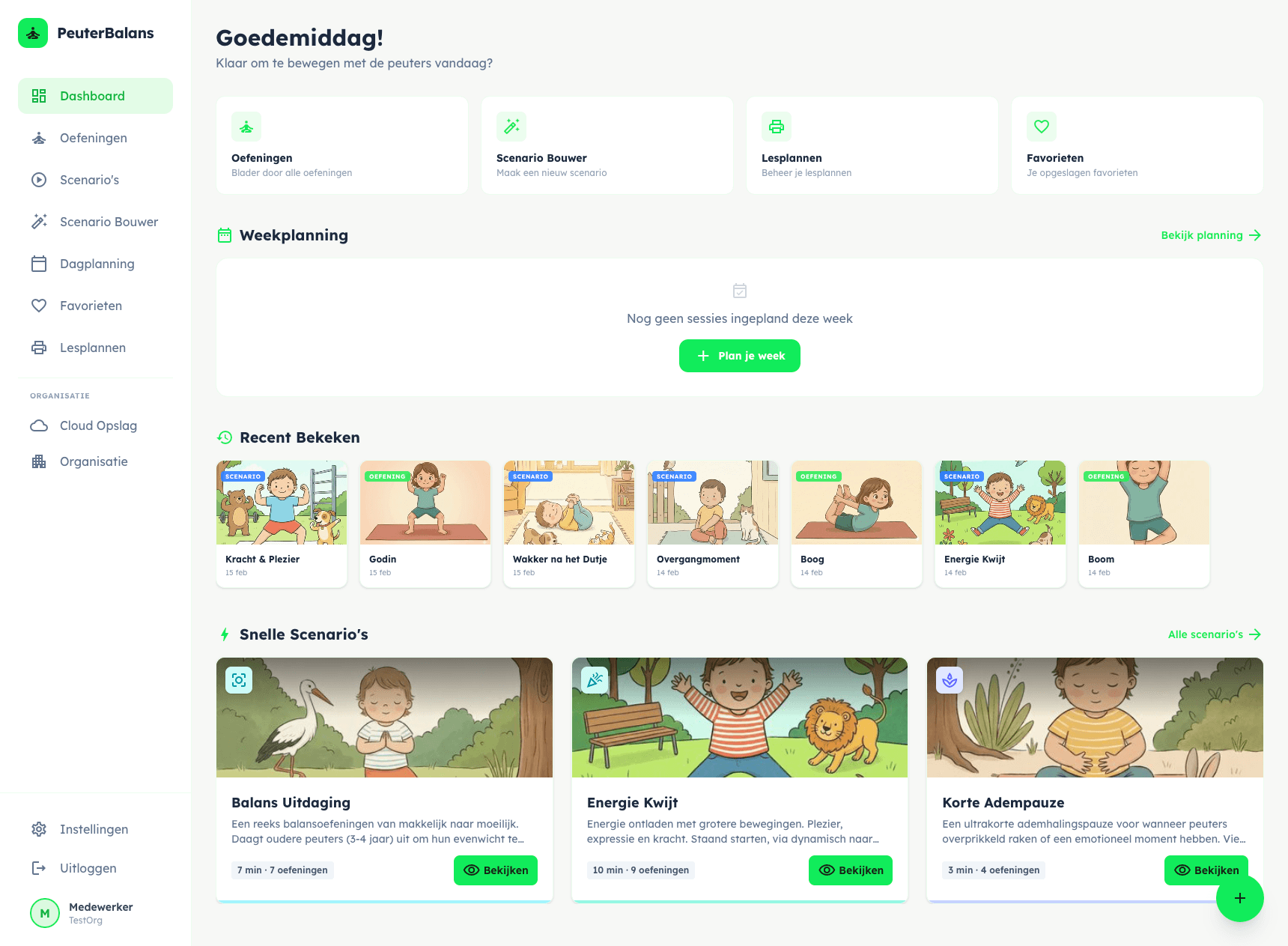 PeuterBalans dashboard met scenario's en oefeningen