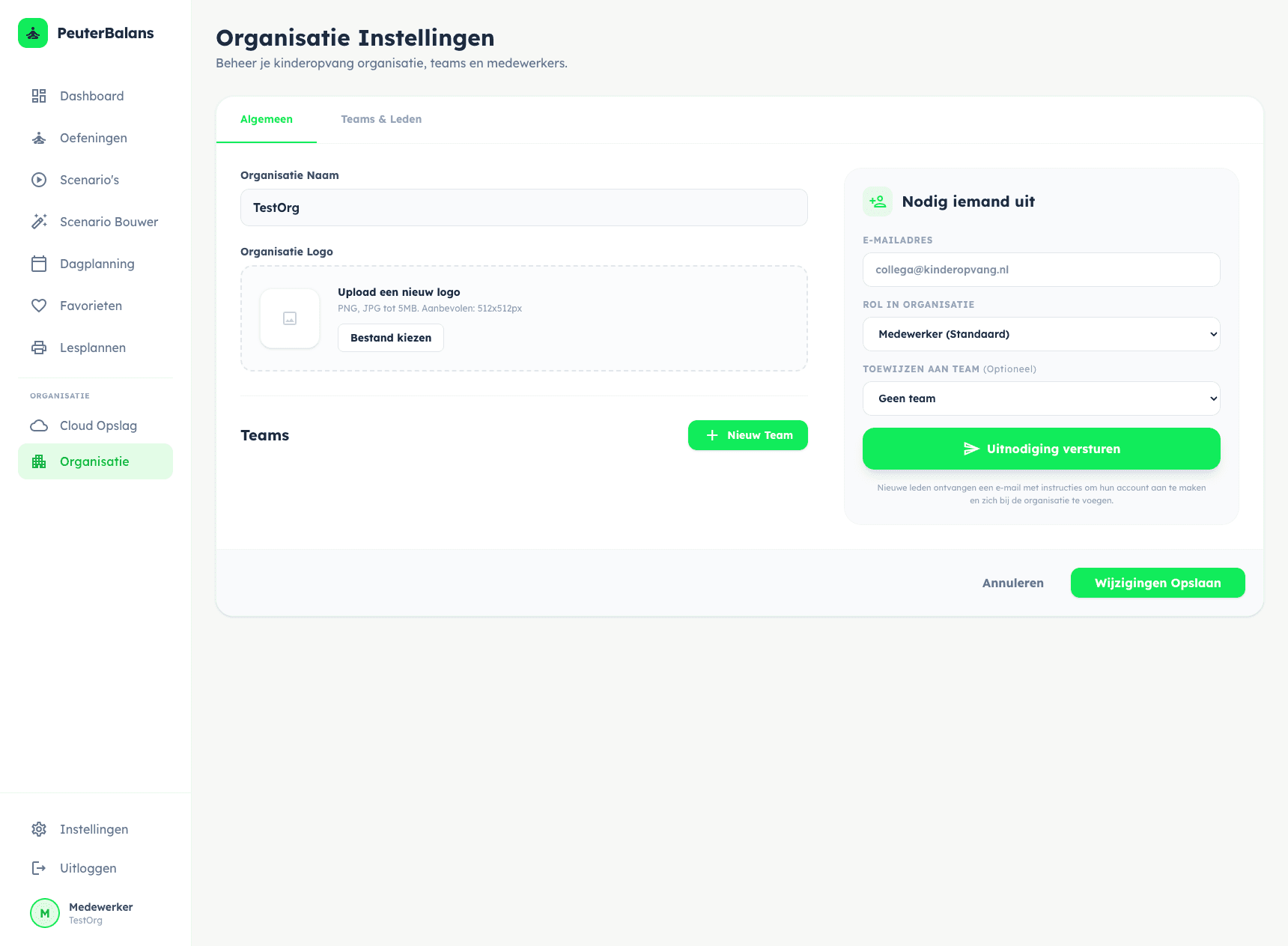 PeuterBalans organisatiebeheer dashboard